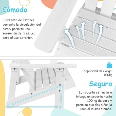 COSTWAY Silla De Jardin De Adirondack 2 Plazas, Banco De 2 Plazas De Madera De Abeto Para Niños Con Respaldo Alto, Reposabrazos, Capacidad 100KG, 99 X 51 X 56,5 Cm, Balcón, Patio, Piscina (Blanco) 3 COSTWAY Silla De Jardin De Adirondack 2 Plazas, Banco De 2 Plazas De Madera De Abeto Para Niños Con Respaldo Alto, Reposabrazos, Capacidad 100KG, 99 X 51 X 56,5 Cm, Balcón, Patio, Piscina (Blanco) - Imagen 3