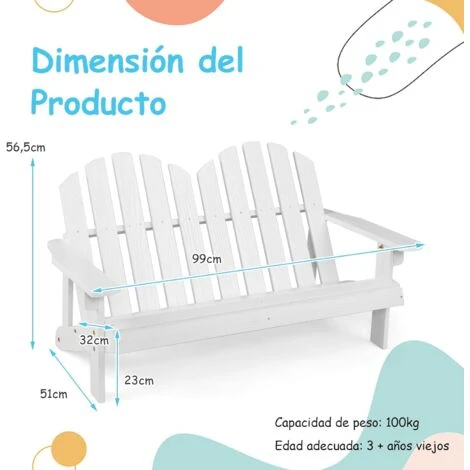 COSTWAY Silla De Jardin De Adirondack 2 Plazas, Banco De 2 Plazas De Madera De Abeto Para Niños Con Respaldo Alto, Reposabrazos, Capacidad 100KG, 99 X 51 X 56,5 Cm, Balcón, Patio, Piscina (Blanco) 5 COSTWAY Silla De Jardin De Adirondack 2 Plazas, Banco De 2 Plazas De Madera De Abeto Para Niños Con Respaldo Alto, Reposabrazos, Capacidad 100KG, 99 X 51 X 56,5 Cm, Balcón, Patio, Piscina (Blanco) - Imagen 5