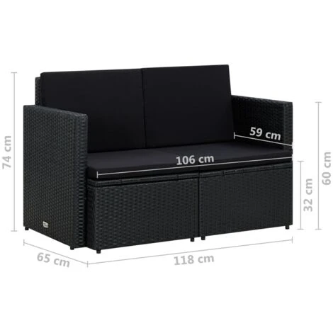 Sofá De Jardín De 2 Plazas Con Cojines Ratán Sintético Negro VidaXL 2 Sofá De Jardín De 2 Plazas Con Cojines Ratán Sintético Negro VidaXL - Imagen 2