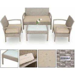 Casaria Conjunto Lounge De Jardín Beige De Poliratán Juego De Mesa Sillas Y Banco Exterior 7 Pzs