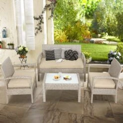 Casaria Conjunto Lounge De Jardín Beige De Poliratán Juego De Mesa Sillas Y Banco Exterior 7 Pzs -Elrincon del Jardin Tienda 32120487 3