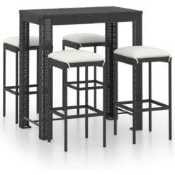 Set Muebles Bar Jardín 5 Piezas Y Cojines Ratán Sintético Negro