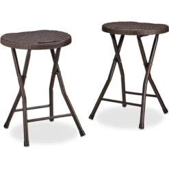 Relaxdays Set 2 Taburetes Plegables BASTIAN, Redondo, Plástico, Look Ratán, Resistente Intemperie, 45x32,5x29 Cm, Marrón