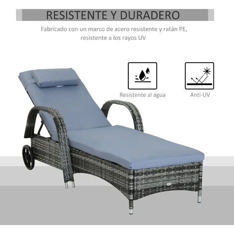 OUTSUNNY Tumbona De Ratán De Jardín Chaise Longue Con Respaldo Ajustable En 5 Posiciones Cojines Acolchados Reposacabezas Y 2 Ruedas 200x73x30-103 Cm 4 OUTSUNNY Tumbona De Ratán De Jardín Chaise Longue Con Respaldo Ajustable En 5 Posiciones Cojines Acolchados Reposacabezas Y 2 Ruedas 200x73x30-103 Cm - Imagen 4