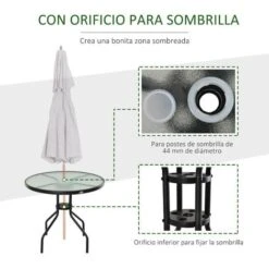 OUTSUNNY Mesa De Jardín Redonda Mesa Comedor De Cristal Templado Con Agujero Para Sombrilla Y Estructura Metálica Para Patio Terraza Balcón Exterior Ø80x72 Cm -Elrincon del Jardin Tienda 50837244 4