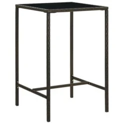 Hommoo Mesa Alta De Jardin Ratan Sintetico Y Vidrio Marron 70x70x110 Cm