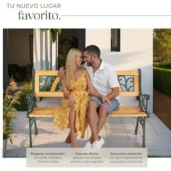 Banco Para Jardín De Madera Y Hierro Fundido Kathi 124x60x83cm - Banco De Exterior Para Terraza, Banquito De Madera Natural Lacada Para Patio, Banca Para Porche De Hierro Fundido -Elrincon del Jardin Tienda 56500093 3