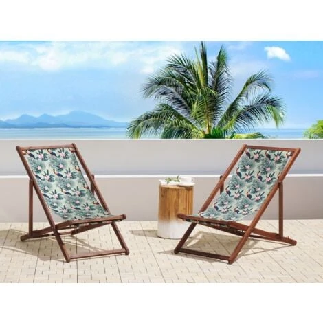 Conjunto De 2 Tumbonas De Jardín De Tela Madera De Acacia Oscura Patrón De Pelícano Reclinable Plegable Anzio 2 Conjunto De 2 Tumbonas De Jardín De Tela Madera De Acacia Oscura Patrón De Pelícano Reclinable Plegable Anzio - Imagen 2