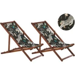 Conjunto De 2 Tumbonas De Jardín De Tela Madera De Acacia Oscura Patrón Animal Reclinable Plegable Anzio