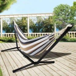 Hamaca Con Soporte Metálico Y Tela A Rayas Negras, Blancas Y Chocolate