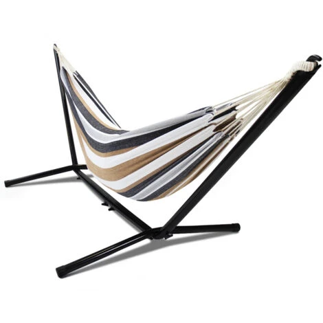 Hamaca Con Soporte Metálico Y Tela A Rayas Negras, Blancas Y Chocolate 2 Hamaca Con Soporte Metálico Y Tela A Rayas Negras, Blancas Y Chocolate - Imagen 2