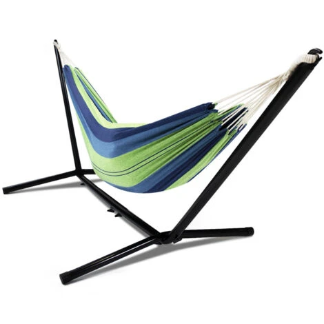 Hamaca Con Soporte Metálico Y Tela A Rayas Azules Y Verdes 2 Hamaca Con Soporte Metálico Y Tela A Rayas Azules Y Verdes - Imagen 2