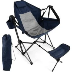 COSTWAY Silla Plegable Camping, Silla De Acampada Con Reposapiés Retráctil, Acogedora Almohada Para Cabeza, Bolsa De Transporte, Camping, Pesca, Picnic (Azul)