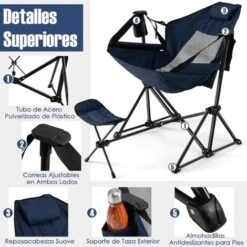 COSTWAY Silla Plegable Camping, Silla De Acampada Con Reposapiés Retráctil, Acogedora Almohada Para Cabeza, Bolsa De Transporte, Camping, Pesca, Picnic (Azul) -Elrincon del Jardin Tienda 82110480 3