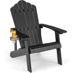 COSTWAY Silla Adirondack Con Portavasos, Sillas Para Hogueras, Resistente A La Intemperie, Grano De Madera Realista, Facíl De Montaje, Silla De Exterior Para Patio, Jardín, Terraza (Negro)