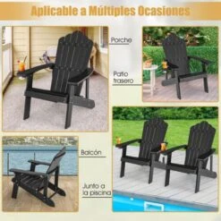 COSTWAY Silla Adirondack Con Portavasos, Sillas Para Hogueras, Resistente A La Intemperie, Grano De Madera Realista, Facíl De Montaje, Silla De Exterior Para Patio, Jardín, Terraza (Negro) -Elrincon del Jardin Tienda 87824363 5