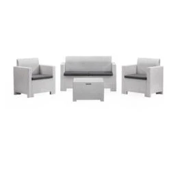 Conjunto De Salón Exterior Venere, Conjunto De Jardín Con Cojines, Conjunto De Salón Interior Efecto Ratán, 100% Made In Italy, Blanco