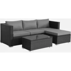 Mueble De Jardín De Resina Para 4 Personas - Torino - Resina Negra Y Cojines Grises