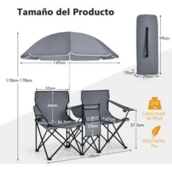 COSTWAY Sillas De Camping Con Sombrilla Silla Plegable Taburete De Pesca Doble Con Portavasos Para Exterior Picnic Senderismo Barbacoa (Gris) -Elrincon del Jardin Tienda 96529320 5