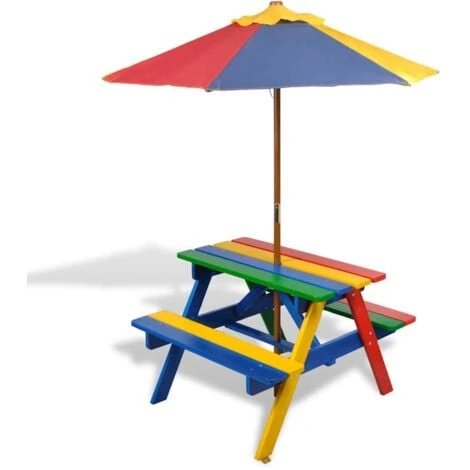 Mesa De Picnic Y Bancos De Niños Y Sombrilla Madera Multicolor VidaXL 1 Mesa De Picnic Y Bancos De Niños Y Sombrilla Madera Multicolor VidaXL