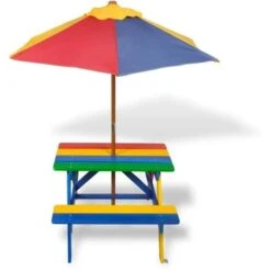 Mesa De Picnic Y Bancos De Niños Y Sombrilla Madera Multicolor VidaXL 6 Mesa De Picnic Y Bancos De Niños Y Sombrilla Madera Multicolor VidaXL -Elrincon del Jardin Tienda 977755 2