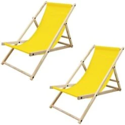 2x Silla De Playa Plegable De Madera Tumbona Amarilla Jardín Hamaca Impermeable
